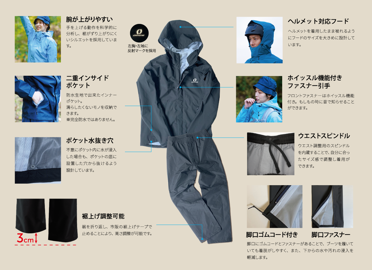 ジャケットの機能 ①腕が上がりやすい。手を上げる動作を科学的に分析し、裾がずり上がりにくいシルエットを採用しています。②二重インサイドポケットあり。防水生地で出来たインナーポケット。濡らしたくないモノを収納できます。※完全防水ではありません。③ポケット水抜き穴。不意にポケット内に水が浸入した場合も、ポケットの底に設置した穴から抜けるよう設計しています。④ホイッスル機能付き。フロントファスナーはホイッスル機能付き。もしもの時に音で知らせることができます。パンツの機能 ①裾上げ調整可能。裾を折り返し、市販の裾上げテープで止めることにより、高さ調整が可能です。②ウエストスピンドル。ウエスト調整用のスピンドルを内蔵することで、自分に合ったサイズ感で調整し着用ができます。③脚口ゴムコード、脚口ファスナー。脚口にゴムコードとファスナーがあることで、ブーツを履いていても着脱がしやすく、また、下からの水や汚れの浸入を軽減します。