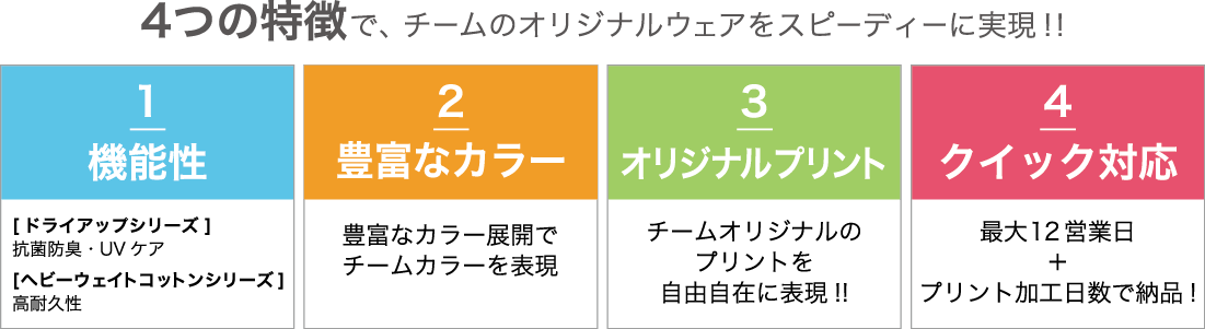 機能性、豊富なカラー、オリジナルプリント、クイック対応