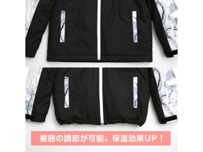 裾ドローコード裾部分のゴムコードを引くことで裾囲を縮める事が出来る。 着丈の調節や保温ができる。