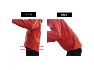 かがむ動作を想定した独自のパターンを設計しているので、前傾時に前裾のだぶつきによる腹部の圧迫と背中の露出を軽減します。